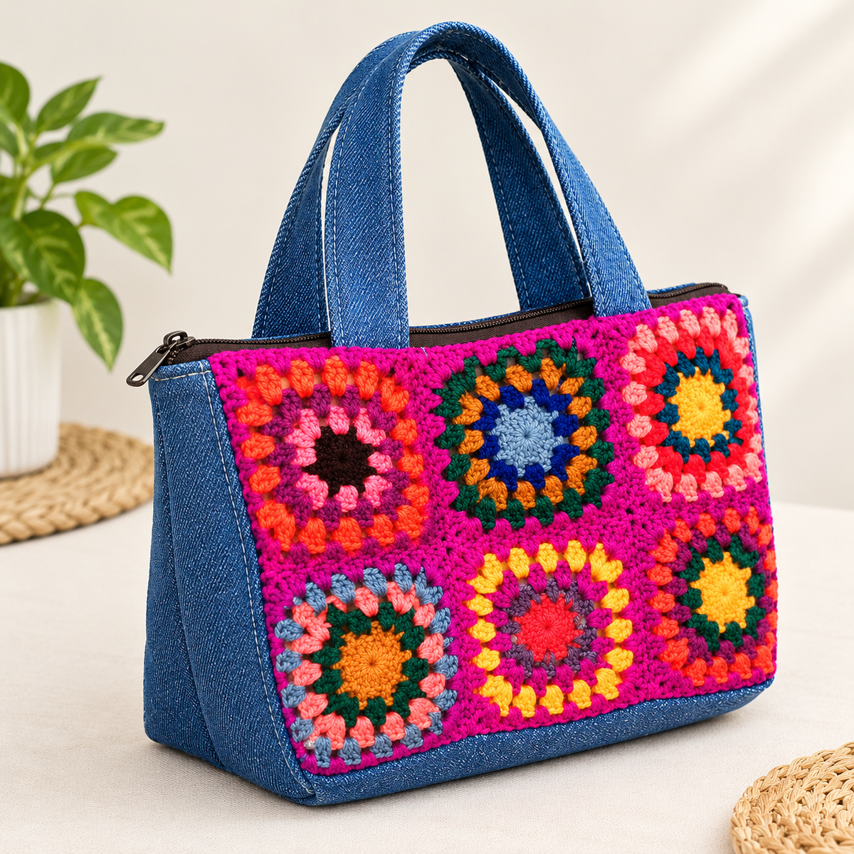 Handcrafted Crochet Denim Tote Bag | Colorful Floral Design