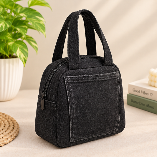 Black Denim Handbag with Front Pocket – Minimalist Everyday Bag