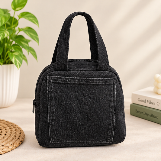 Black Denim Handbag with Front Pocket – Minimalist Everyday Bag