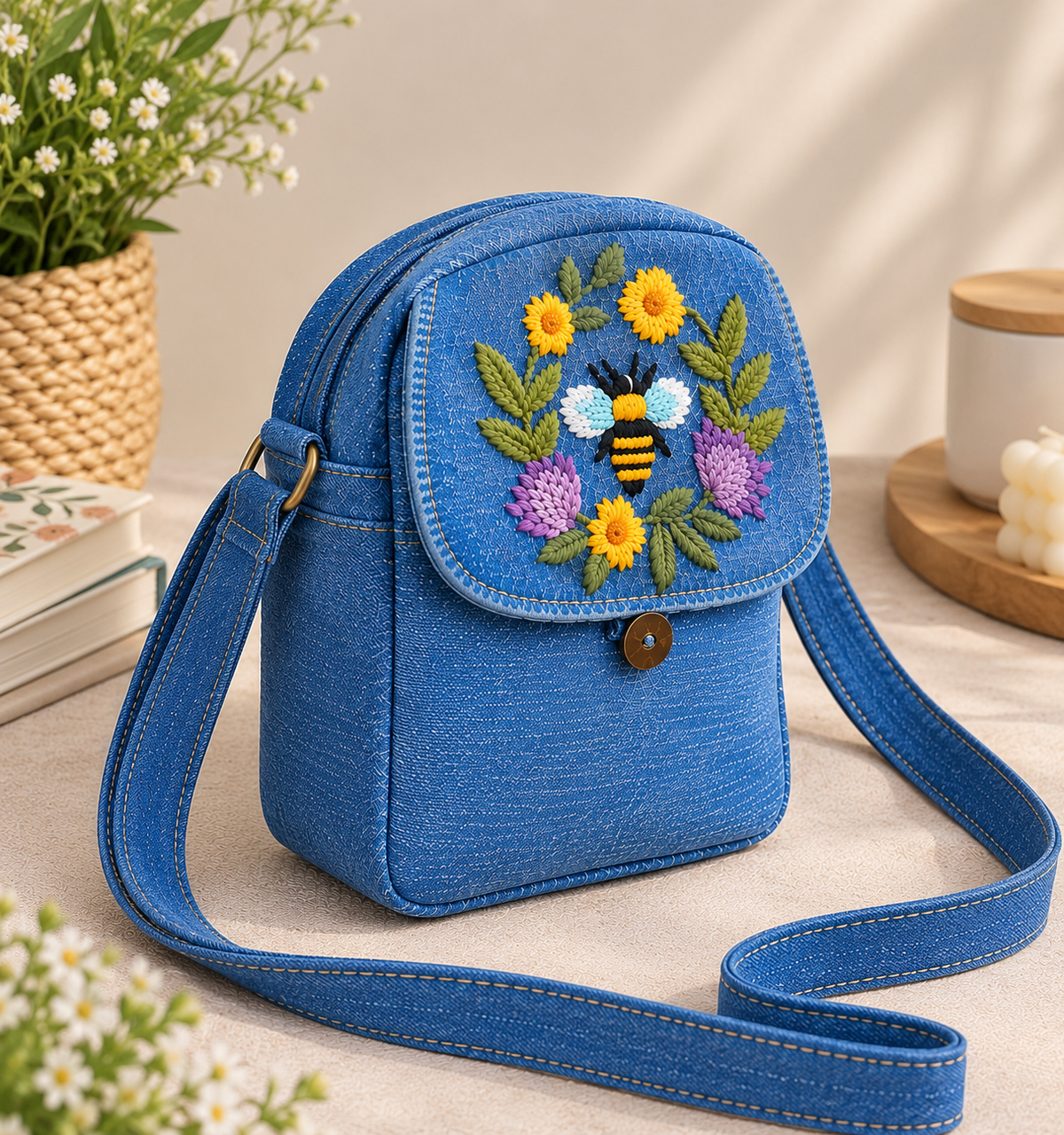 Embroidered Denim Cross body Bag – Floral Bee Design