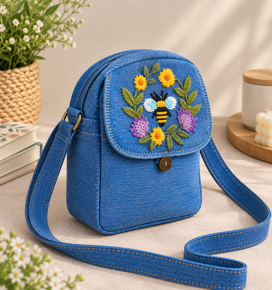 Embroidered Denim Cross body Bag – Floral Bee Design