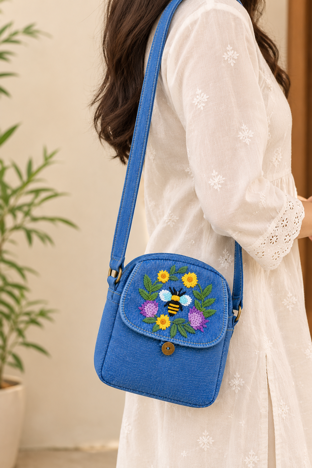 Embroidered Denim Cross body Bag – Floral Bee Design