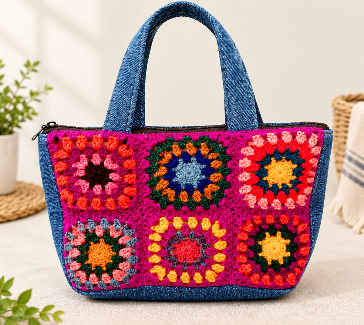 Handcrafted Crochet Denim Tote Bag | Colorful Floral Design