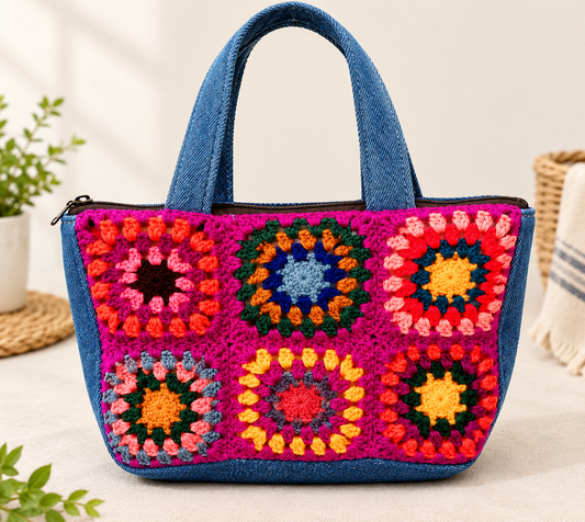 Handcrafted Crochet Denim Tote Bag | Colorful Floral Design